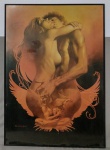 Poster emoldurado com proteção em material sintético, moldura em madeira patinada de preto representando um casal em momento de sensualidade, constando assinatura Boris, datado de 1984 - mede 98 cm de altura e 69 cm de largura.
