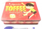 Antiga lata do jogo `Toffee`, moinho de ouro, medidas 18x12,5x4cm, marcas do tempo.