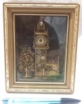 Quadro com representação de antiga torre com relógio, assinado David of London, medidas 17x14cm.