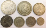Lote  com 07 moedas estrangeiras de diversos países e valores todas produzidas em prata.