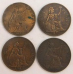 Lote com 04 moedas da Inglaterra de ONE PENNY (1897,1944,1937,1934) - Bronze.