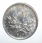 Moeda produzida em prata de 5 Francos, do ano de 1960.