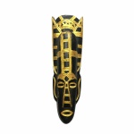 Bela máscara tribal em madeira talhada na cor preto com faixas e estilizados em dourado. Exemplar em excelente estado. Dimensões: 46 cm x 14 cm x 6 cm.