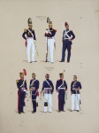 Antiga Litografia de coleção com riquíssimos detalhes dos uniformes da "2º B. ARTILHERIA A PE / OFFICIAL E PR. DE PRET / 1852" e "1º REG. DE CAVALLARIA / OFFICIAES E P. DE PRET / GRANDE E PEQ. UNIF / 1852". Prancha de número 69 e 70. Excelente estado. Dimensões: 31 cm x 23 cm.