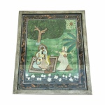 Antiga pintura em tecido de procedência Indiana e moldura. Dimensões: 50 cm x 41 cm.