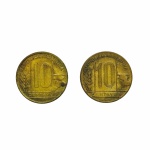 Duas moedas de 10 centavos de 1946 e 1948. Presença de marcas do tempo.