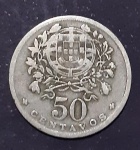 Moeda de 50 centavos República Portuguesa ano 1930 Espessurada a Prata