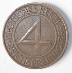 Moeda da Alemanha MBC - 4 Reichspfennig ano 1932