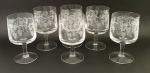 Seis taças em cristal, estas com bojos decorados com parreiras, med. 13 centímetros.