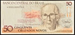 Cédula Brasileira, Banco Central do Brasil - República, Valor 50 Cruzados Novos, REPOSIÇÃO - Série *0001A, Chancelas Mailson da Nóbrega/Elmo Camões, Período de Circulação 1989/1990, Efígie Carlos Drummond de Andrade, Flor de Estampa.