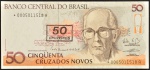 Cédula Brasileira, Banco Central do Brasil - República, Valor 50 Cruzados Novos com Carimbo para 50 Cruzeiros, REPOSIÇÃO - Série *0005A, Chancelas Mailson da Nóbrega/Waldir Bucchi, Período de Circulação 1990/1993, Efígie Carlos Drummond de Andrade, Flor de Estampa.