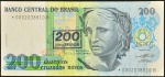 Cédula Brasileira, Banco Central do Brasil - República, Valor 200 Cruzados Novos com Carimbo para 200 Cruzeiros, REPOSIÇÃO - Série *0002A, Chancelas Mailson da Nóbrega/Waldir Bucchi, Período de Circulação 1990/1993, Efígie da República, Flor de Estampa.