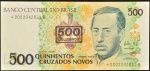 Cédula Brasileira, Banco Central do Brasil - República, Valor 500 Cruzados Novos com Carimbo para 500 Cruzeiros, REPOSIÇÃO - Série *0002A, Chancelas Mailson da Nóbrega/Waldir Bucchi, Período de Circulação 1990/1993, Efígie Augusto Ruschi, Flor de Estampa.