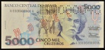 Cédula Brasileira, "MODELO" Valor 5000 Cruzeiros, Período de Circulação 1991 a 1994, Efígie Carlos Gomes, Flor de Estampa.