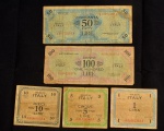 Cédulas Militares dos Países Aliados, ITÁLIA, Valores 1; 5; 10; 50 e 100 Liras, Séries 1943 A, Muito Bem Conservadas.