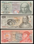 Cédulas do MÉXICO, Valores 5; 10 e 20 Pesos, Datas 27/06/1972; 03/12/1969; 18/07/1973, Flor de Estampas.