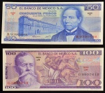 Cédulas do MÉXICO, Valores 50 e 100 Pesos, Datas 18/07/1973; 05/07/1978, Flor de Estampas.