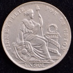 Moeda Estrangeira, PERU, Valor 1 Sol, Data 1934, Prata, Peso 25 g, Soberba.
