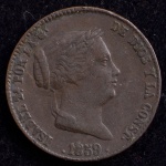 Moeda Estrangeira, ESPANHA, Isabel II, Valor 25 Centimos, Data 1859, Cobre, Muito Bem Conservada.