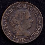 Moeda Estrangeira, ESPANHA, Isabel II, Valor 2 1/2 Centimos de Escudo, Data 1867, Cobre, Soberba.