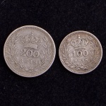 Moedas de PORTUGAL, Reinado Emanuel II, Valores 100 Reis e 200 Reis, Datas 1909 e 1910, Prata, Muito Bem Conservadas.