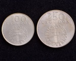 Moedas de PORTUGAL, República, Comemorativa a Revolução de Abril, Valores 100 e 250 Escudos, Data 25 de Abril de 1974, Prata, Soberbas/FC.