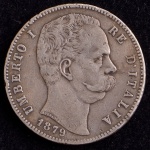 Moeda Estrangeira, Reino da ITÁLIA, Humberto I, Valor 5 Liras, Ano 1879, Prata, Peso 25 g, Muito Bem Conservada.