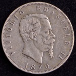 Moeda Estrangeira, Reino da ITÁLIA, VITOR EMANUEL  II, Valor 5 Liras, Ano 1870, Prata, Peso 25 g, Muito Bem Conservada.
