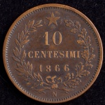 Moeda Estrangeira, Reino da ITÁLIA, VITOR EMANUEL  II, Valor 10 Centesimi, Ano 1866 N, Cobre, Peso 10 g, Muito Bem Conservada.