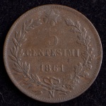 Moeda Estrangeira, Reino da ITÁLIA, VITOR EMANUEL  II, Valor 5 Centesimi, Ano 1861 N, Cobre, Peso 5 g, Muito Bem Conservada.