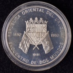 Moeda Estrangeira, URUGUAI, Série Ibero  Americana / Comemorativa ao Encontro de Dois Mundos, Valor 50.000 Novos Pesos, Ano 1992, Prata, Peso 27 g, Proof - Flor de Cunho.
