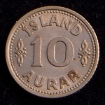 Moeda Estrangeira, ISLÂNDIA, Valor 10 Aurar, Data 1940, Níquel, Flor de Cunho.