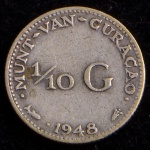 Moeda Estrangeira, CURAÇÃO, Valor 1/10 Gulden, Data 1948, Prata, Muito Bem Conservada.