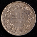 Moeda Estrangeira, SUÍÇA, Valor 2 Francos, Data 1986 B, Níquel, Brilho de Cunhagem - Flor de Cunho.