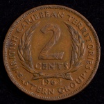 Moeda Estrangeira, EAST CARIBE TERRITÓRIO, Elizabeth II, Valor 2 Cents, Ano 1962, Bronze, Soberba.