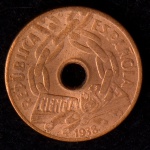 Moeda Estrangeira, REPÚBLICA ESPANHOLA, Valor 25 Centimos, Ano 1938, Cobre, Flor de Cunho.