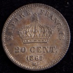 Moeda Estrangeira, FRANÇA, Napoleão Bonaparte, Valor 20 Centimes, Ano 1867 BB, Prata, Flor de Cunho.