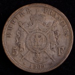 Moeda Estrangeira, FRANÇA, Napoleão Bonaparte, Valor 5 Francos, Ano 1869 BB, Prata, Soberba.