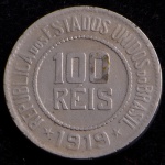 Moeda Brasileira, Valor 100 Reis, Ano 1919, Níquel, MBC/Soberba.