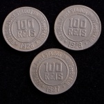 Moedas Brasileiras, Valor 100 Reis, Datas 1926; 1927 e 1928, Níquel, Muito Bem Conservadas.