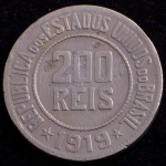 Moeda Brasileira, Valor 200 Reis, Data 1919, Níquel, Muito Bem Conservada.