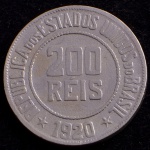 Moeda Brasileira, Valor 200 Reis, Data 1920, Níquel, Muito Bem Conservada.