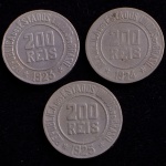 Moedas Brasileiras, Valor 200 Reis, Datas 1923; 1924 e 1925, Níquel, Muito Bem Conservadas.