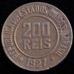 Moeda Brasileira, Valor 200 Reis, Data 1927, Níquel, Muito Bem Conservada.