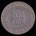 Moeda Brasileira, Valor 200 Reis, Ano 1934, Níquel, Muito Bem Conservada/Soberba.