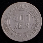 Moeda Brasileira, Valor 400 Reis, Ano 1919, Níquel, Muito Bem Conservada.