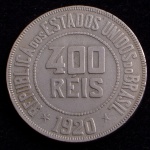 Moeda Brasileira, Valor 400 Reis, Ano 1920, Níquel, Muito Bem Conservada.