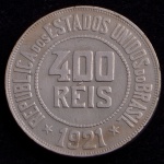 Moeda Brasileira, Valor 400 Reis, Ano 1921, Níquel, Muito Bem Conservada.