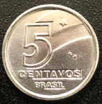 Moeda do Brasil, Valor 5 Centavos, Data 1990 (Rara), Aço Inox, Flor de Cunho.