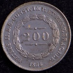 Moeda do Brasil, Império, Valor 200 Reis, Ano 1864, Prata, Peso 2,5 g, Diâmetro 19 mm, com Patina - Soberba
